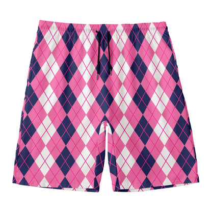 Pink White And Blue Argyle Pattern Print Men's Swim Trunks