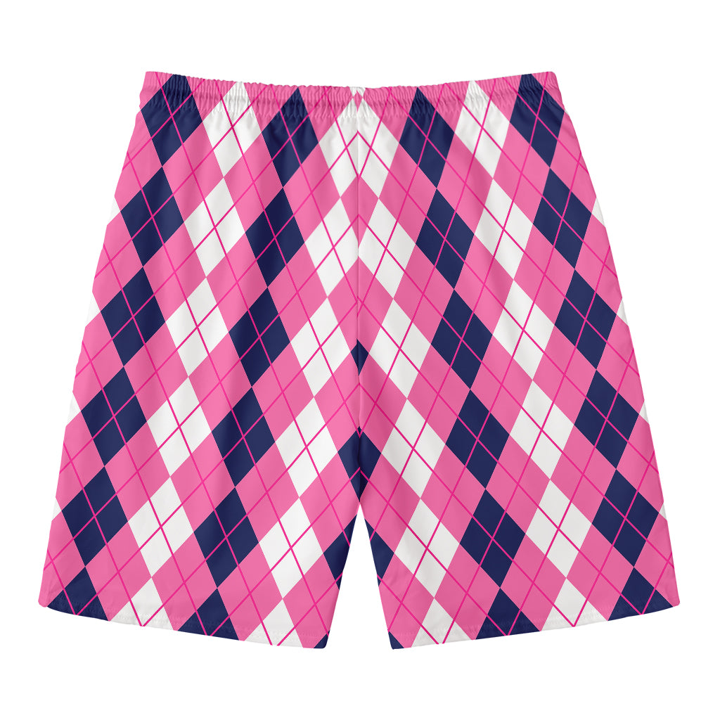 Pink White And Blue Argyle Pattern Print Men's Swim Trunks