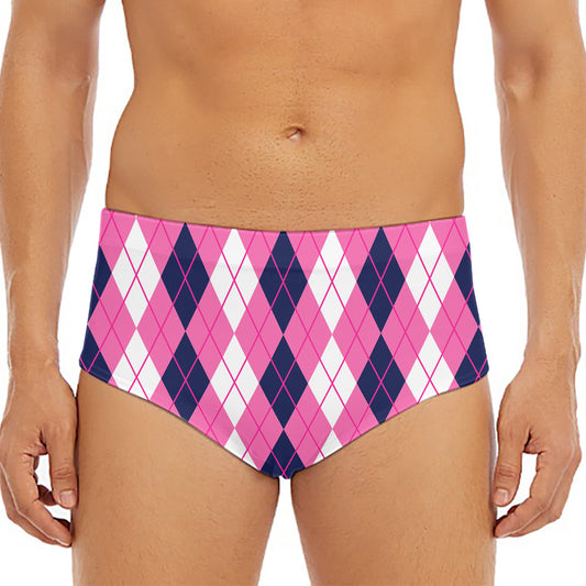Pink White And Blue Argyle Pattern Print Men's Triangle Swim Briefs