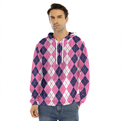 Pink White And Blue Argyle Pattern Print Men's Velvet Pullover Hoodie