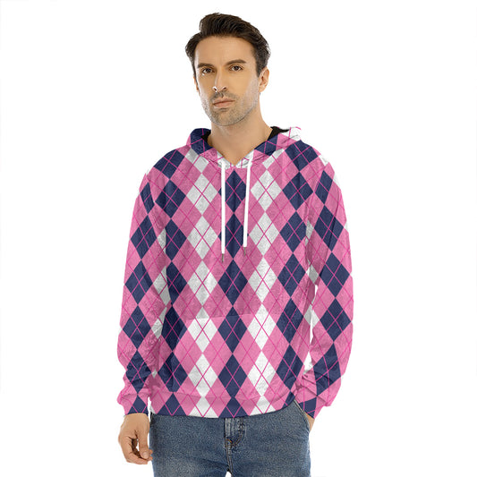 Pink White And Blue Argyle Pattern Print Men's Velvet Pullover Hoodie