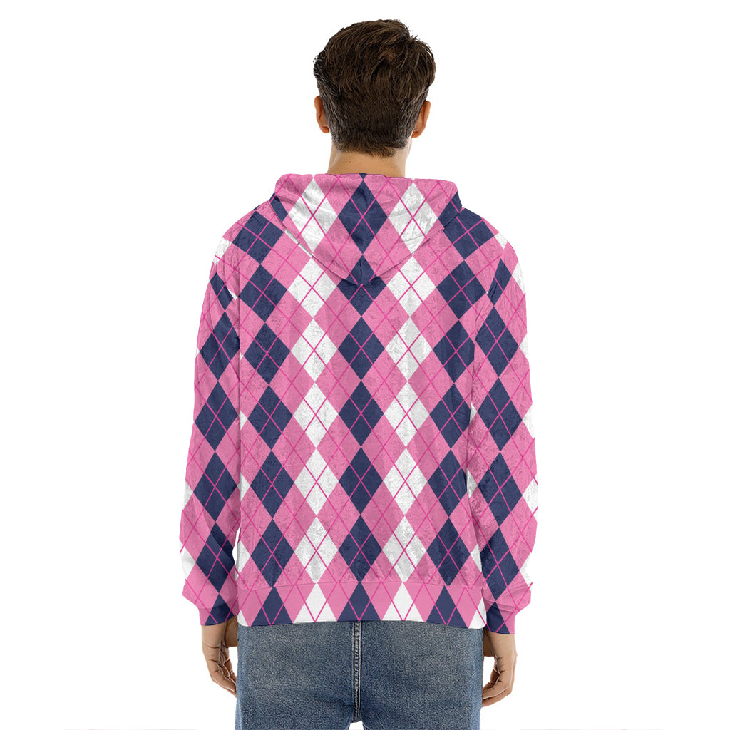 Pink White And Blue Argyle Pattern Print Men's Velvet Pullover Hoodie