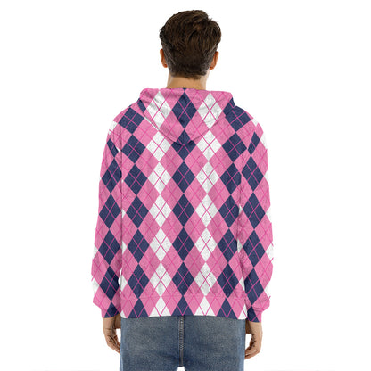 Pink White And Blue Argyle Pattern Print Men's Velvet Pullover Hoodie