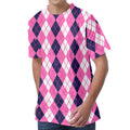 Pink White And Blue Argyle Pattern Print Men's Velvet T-Shirt