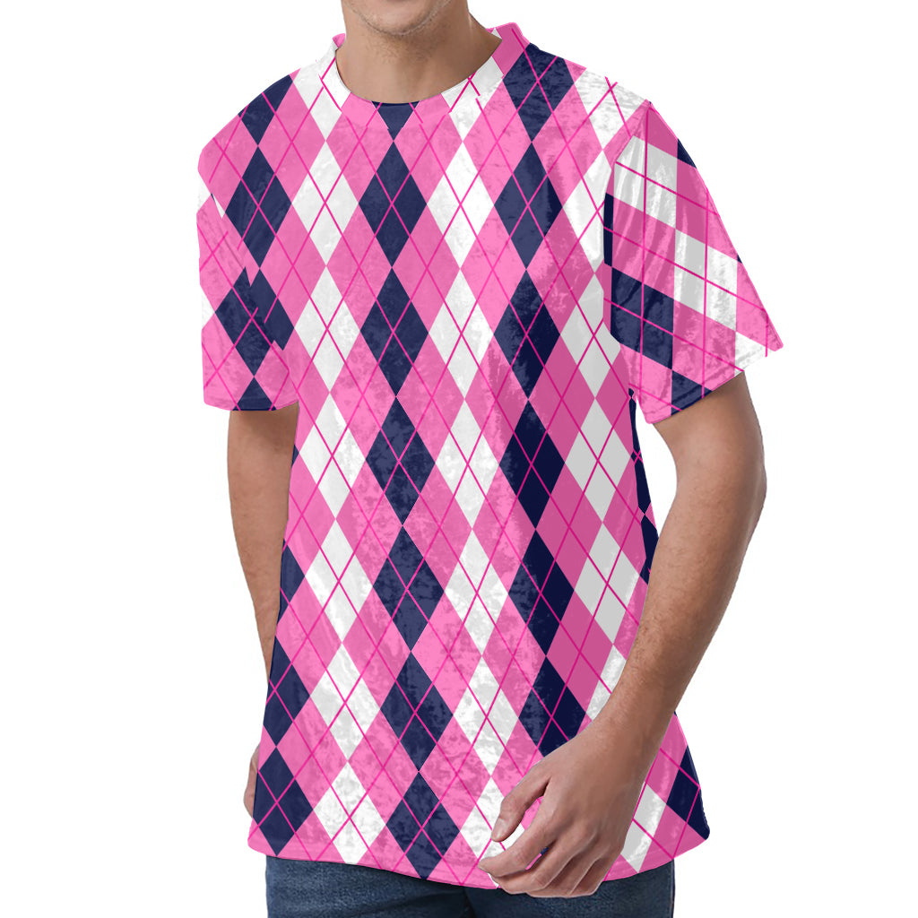 Pink White And Blue Argyle Pattern Print Men's Velvet T-Shirt