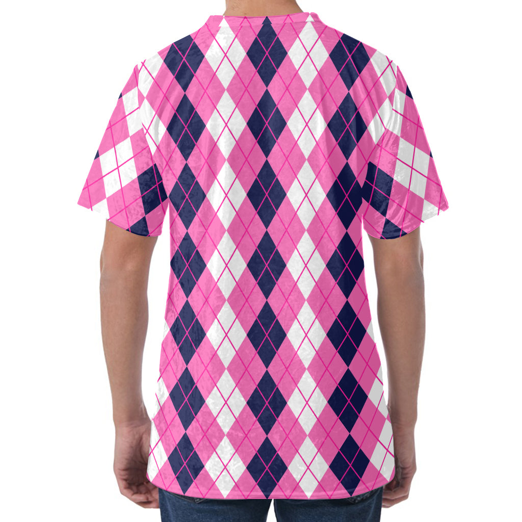 Pink White And Blue Argyle Pattern Print Men's Velvet T-Shirt
