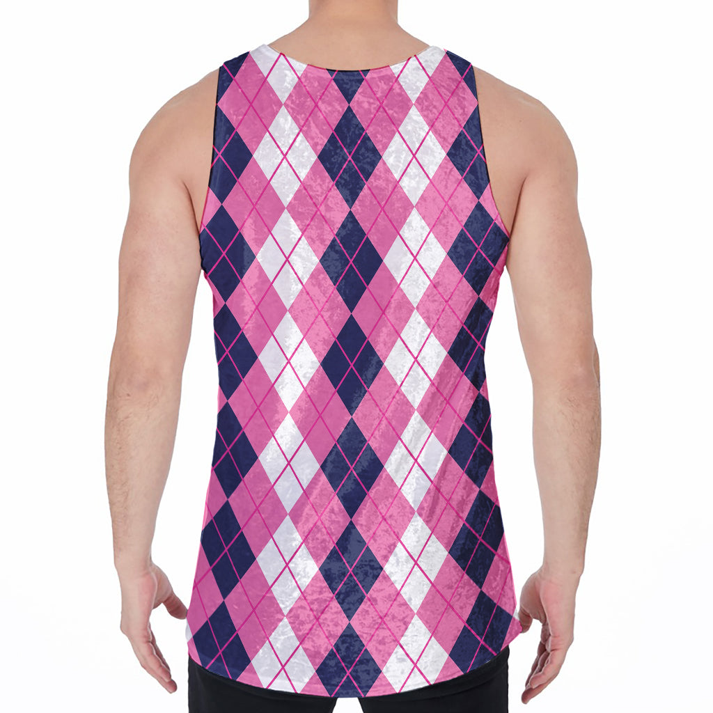 Pink White And Blue Argyle Pattern Print Men's Velvet Tank Top