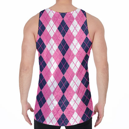 Pink White And Blue Argyle Pattern Print Men's Velvet Tank Top