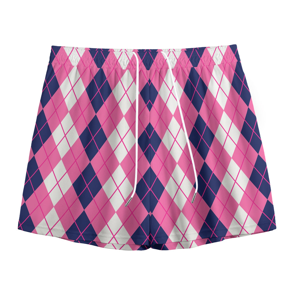 Pink White And Blue Argyle Pattern Print Mesh Shorts
