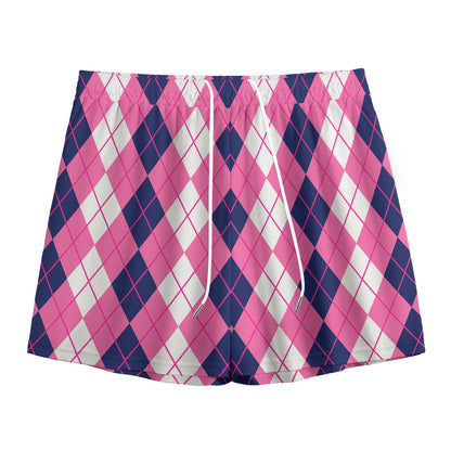 Pink White And Blue Argyle Pattern Print Mesh Shorts
