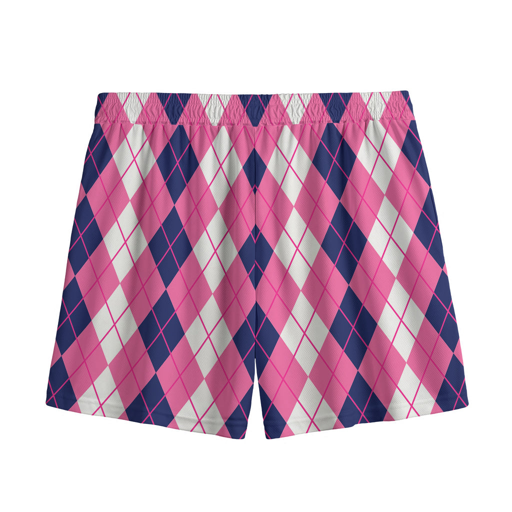 Pink White And Blue Argyle Pattern Print Mesh Shorts