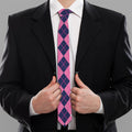 Pink White And Blue Argyle Pattern Print Necktie