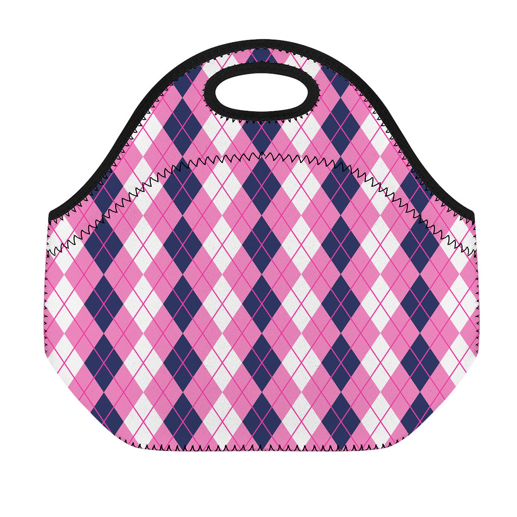 Pink White And Blue Argyle Pattern Print Neoprene Lunch Bag