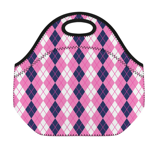 Pink White And Blue Argyle Pattern Print Neoprene Lunch Bag