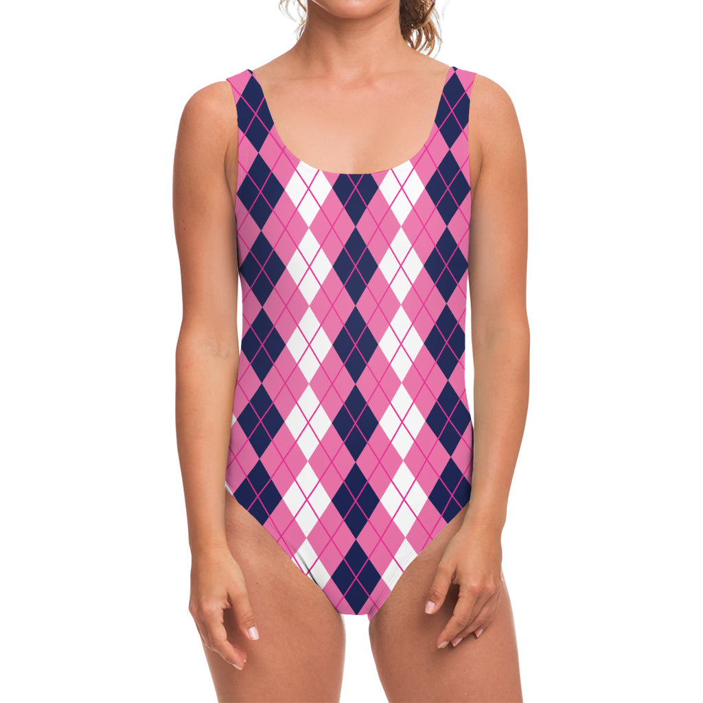 Pink White And Blue Argyle Pattern Print One Piece Swimsuit