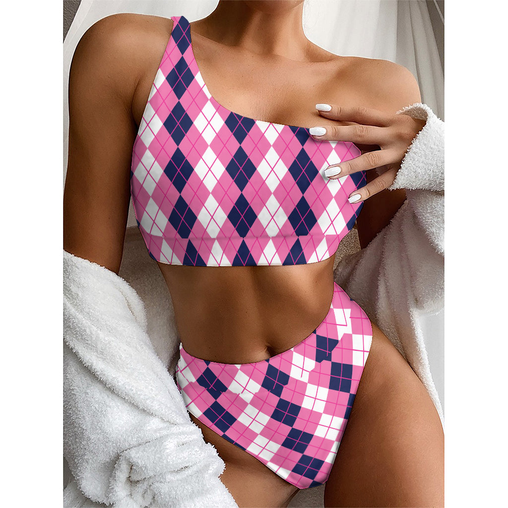 Pink White And Blue Argyle Pattern Print One Shoulder Bikini Top