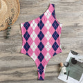 Pink White And Blue Argyle Pattern Print One Shoulder Bodysuit