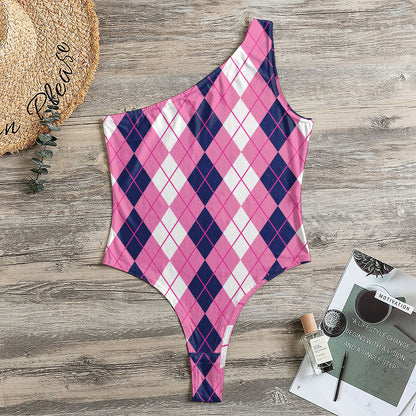 Pink White And Blue Argyle Pattern Print One Shoulder Bodysuit
