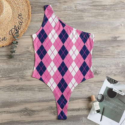 Pink White And Blue Argyle Pattern Print One Shoulder Bodysuit