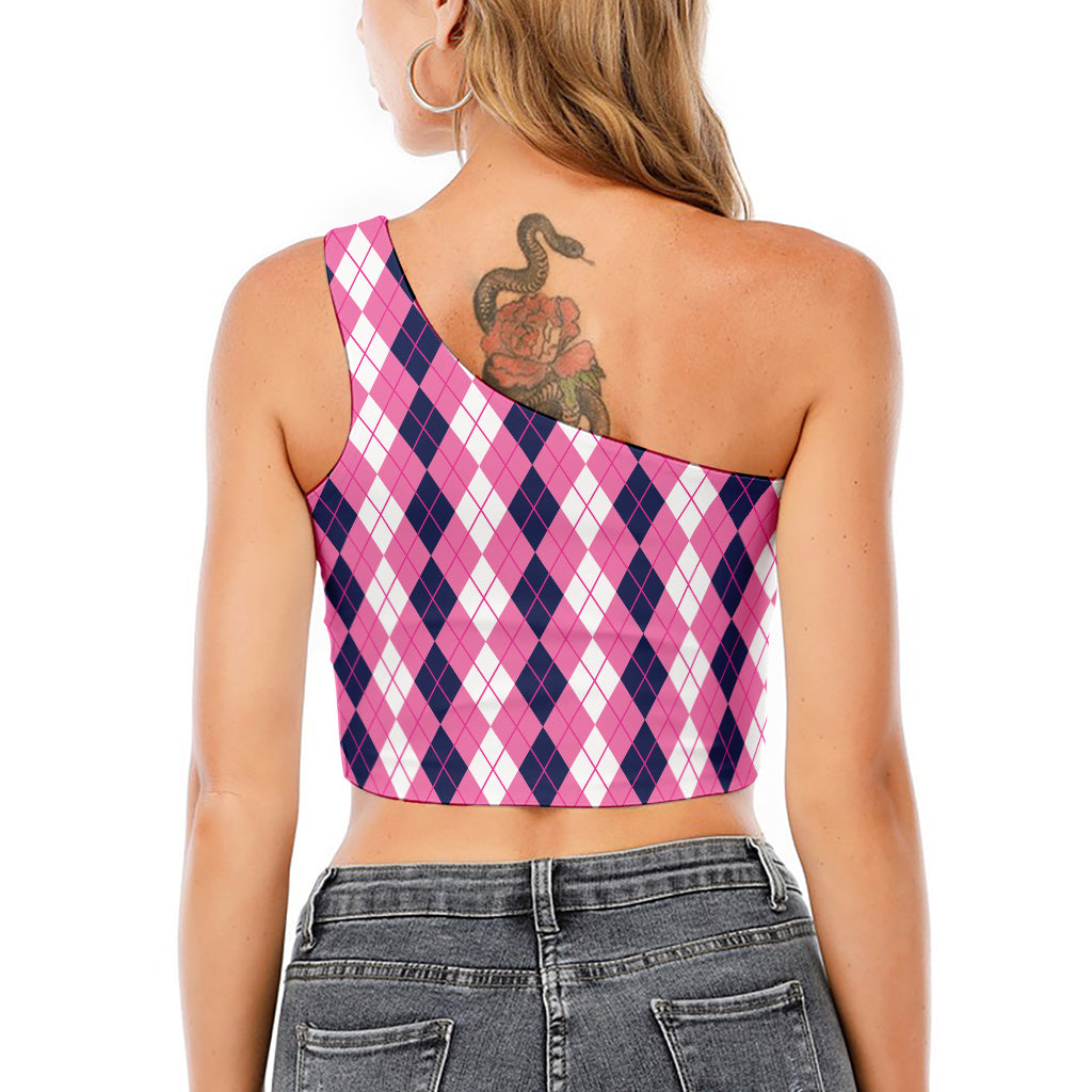 Pink White And Blue Argyle Pattern Print One Shoulder Crop Top