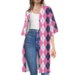 Pink White And Blue Argyle Pattern Print Open Front Beach Cover Up