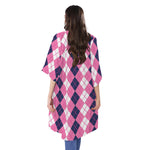 Pink White And Blue Argyle Pattern Print Open Front Beach Cover Up
