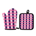 Pink White And Blue Argyle Pattern Print Oven Mitt And Pot Holder Set