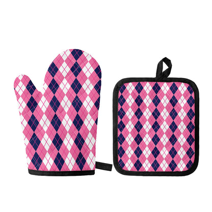 Pink White And Blue Argyle Pattern Print Oven Mitt And Pot Holder Set