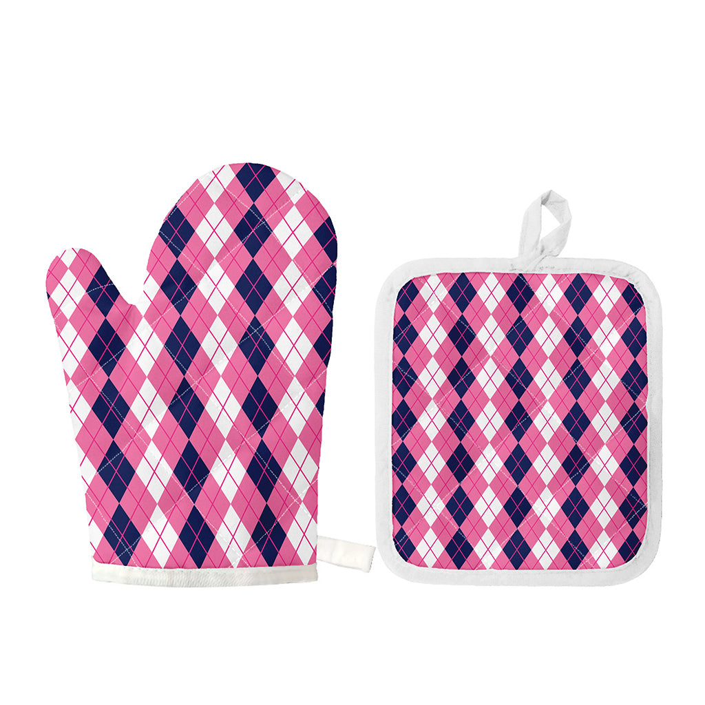Pink White And Blue Argyle Pattern Print Oven Mitt And Pot Holder Set