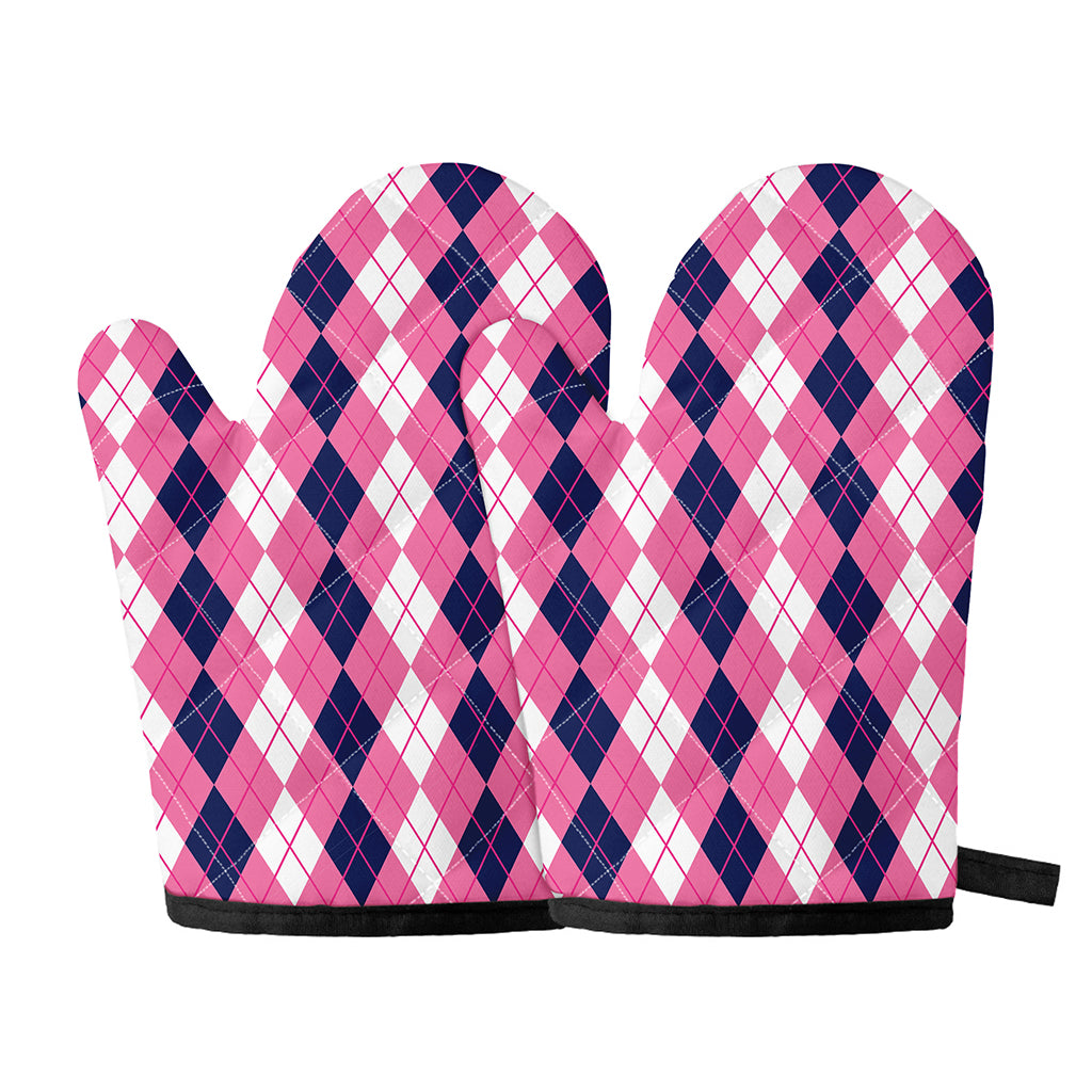 Pink White And Blue Argyle Pattern Print Oven Mitts