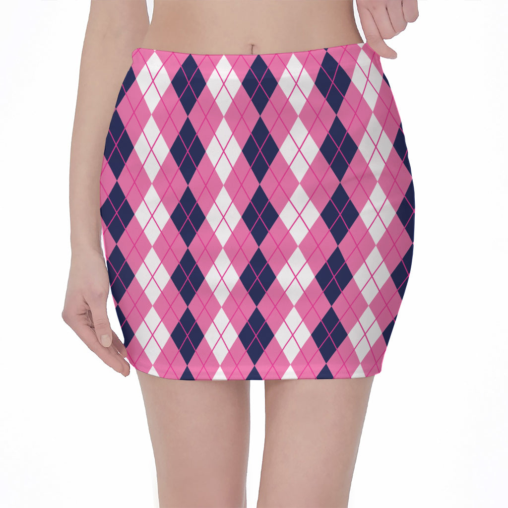 Pink White And Blue Argyle Pattern Print Pencil Mini Skirt