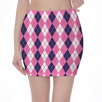 Pink White And Blue Argyle Pattern Print Pencil Mini Skirt