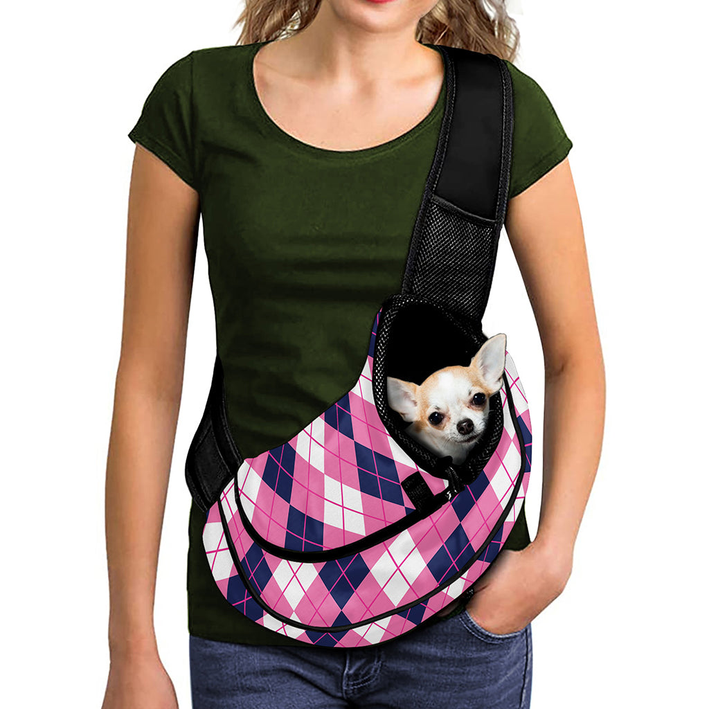 Pink White And Blue Argyle Pattern Print Pet Sling Carrier