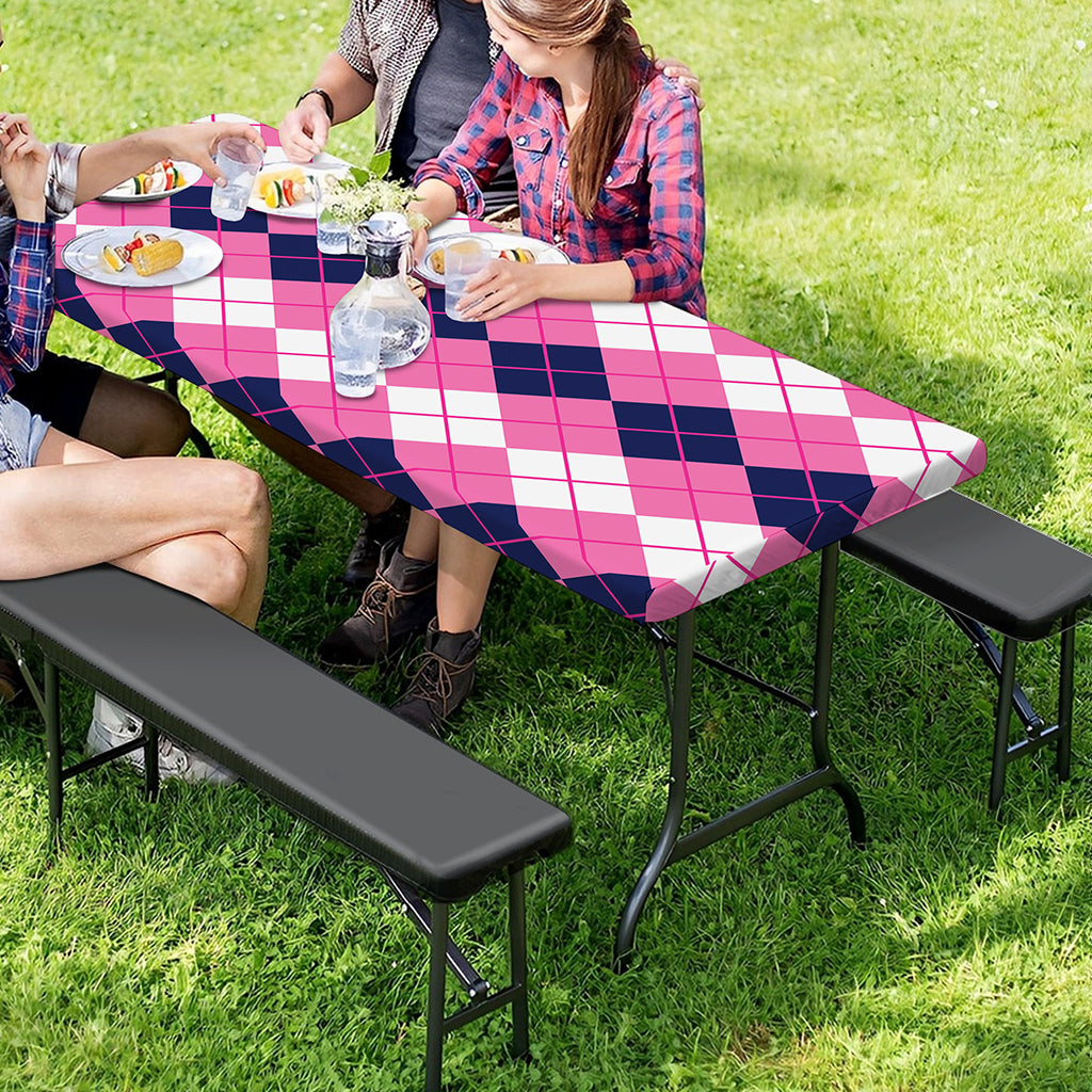 Pink White And Blue Argyle Pattern Print Picnic Table Cover