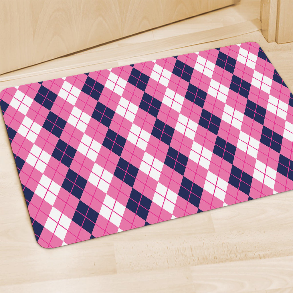 Pink White And Blue Argyle Pattern Print Polyester Doormat