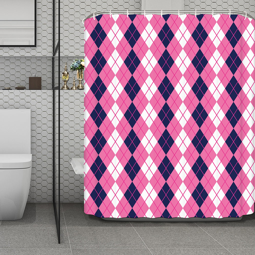 Pink White And Blue Argyle Pattern Print Polyester Shower Curtain