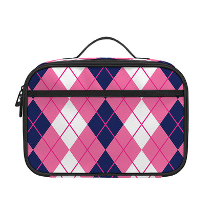 Pink White And Blue Argyle Pattern Print Portable Lunch Bag