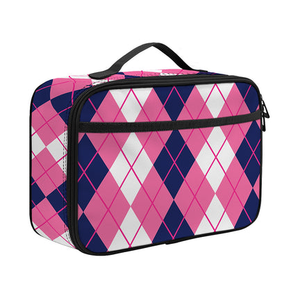 Pink White And Blue Argyle Pattern Print Portable Lunch Bag