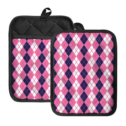 Pink White And Blue Argyle Pattern Print Pot Holders With Pocket