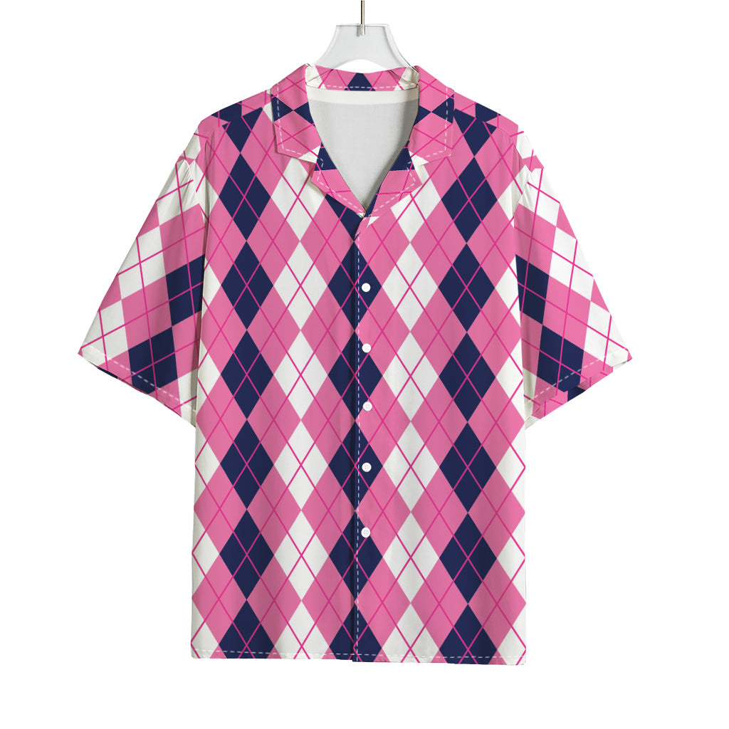 Pink White And Blue Argyle Pattern Print Rayon Hawaiian Shirt