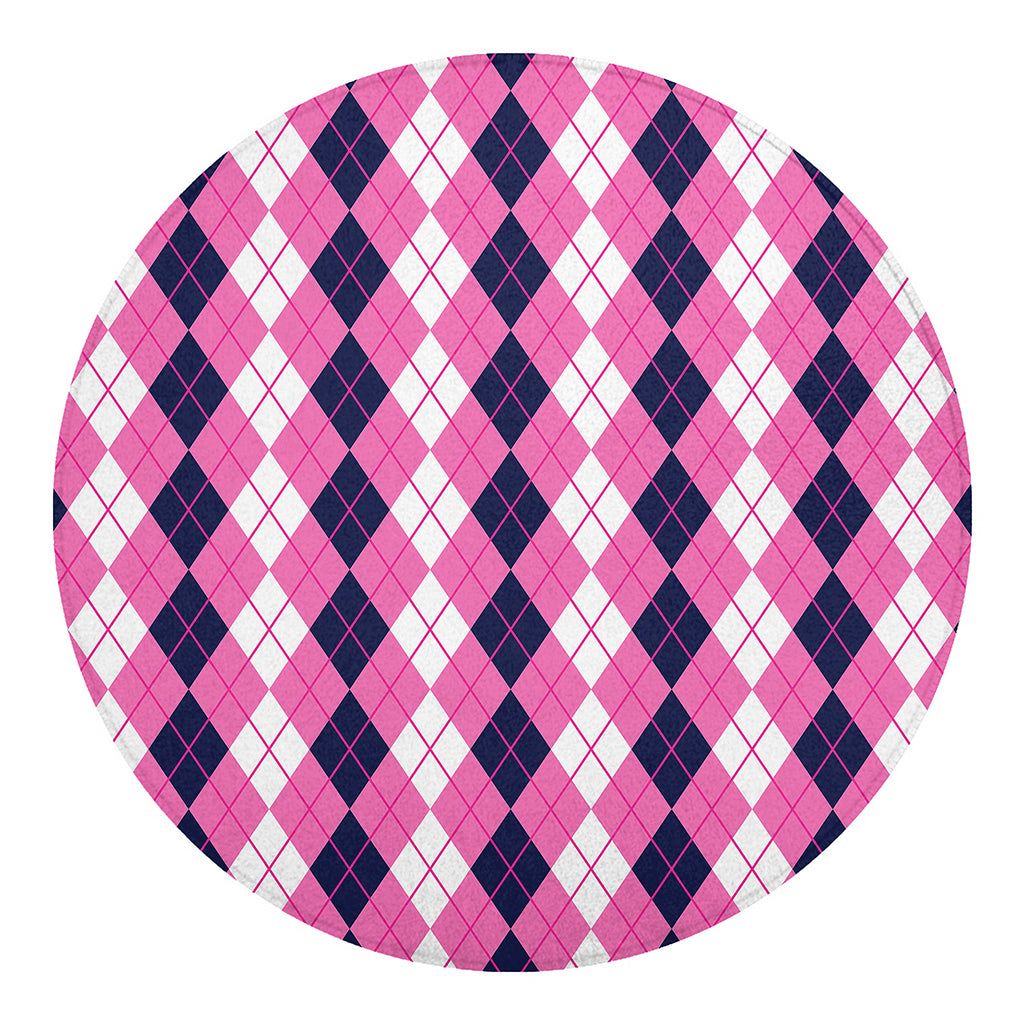 Pink White And Blue Argyle Pattern Print Round Blanket