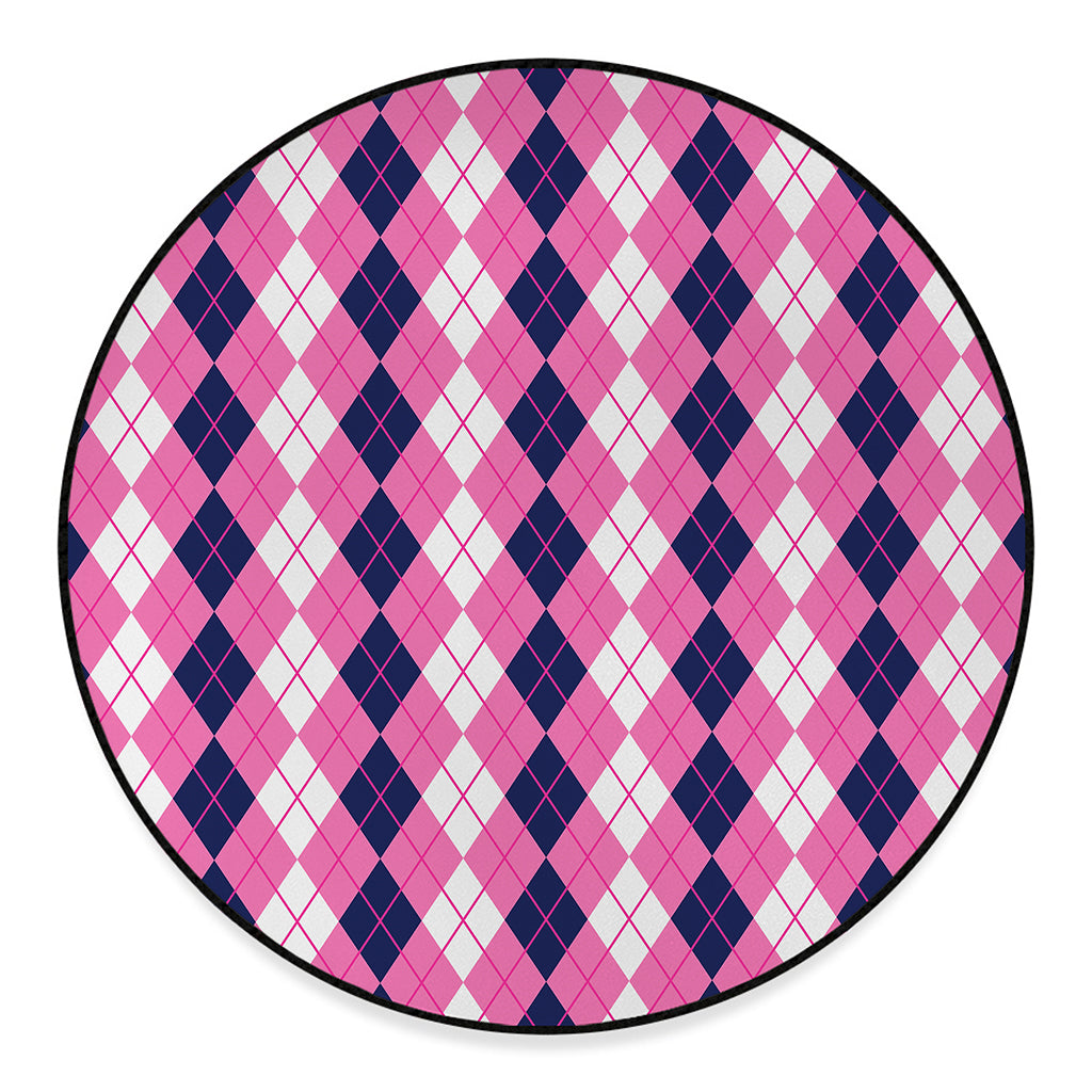 Pink White And Blue Argyle Pattern Print Round Floor Mat