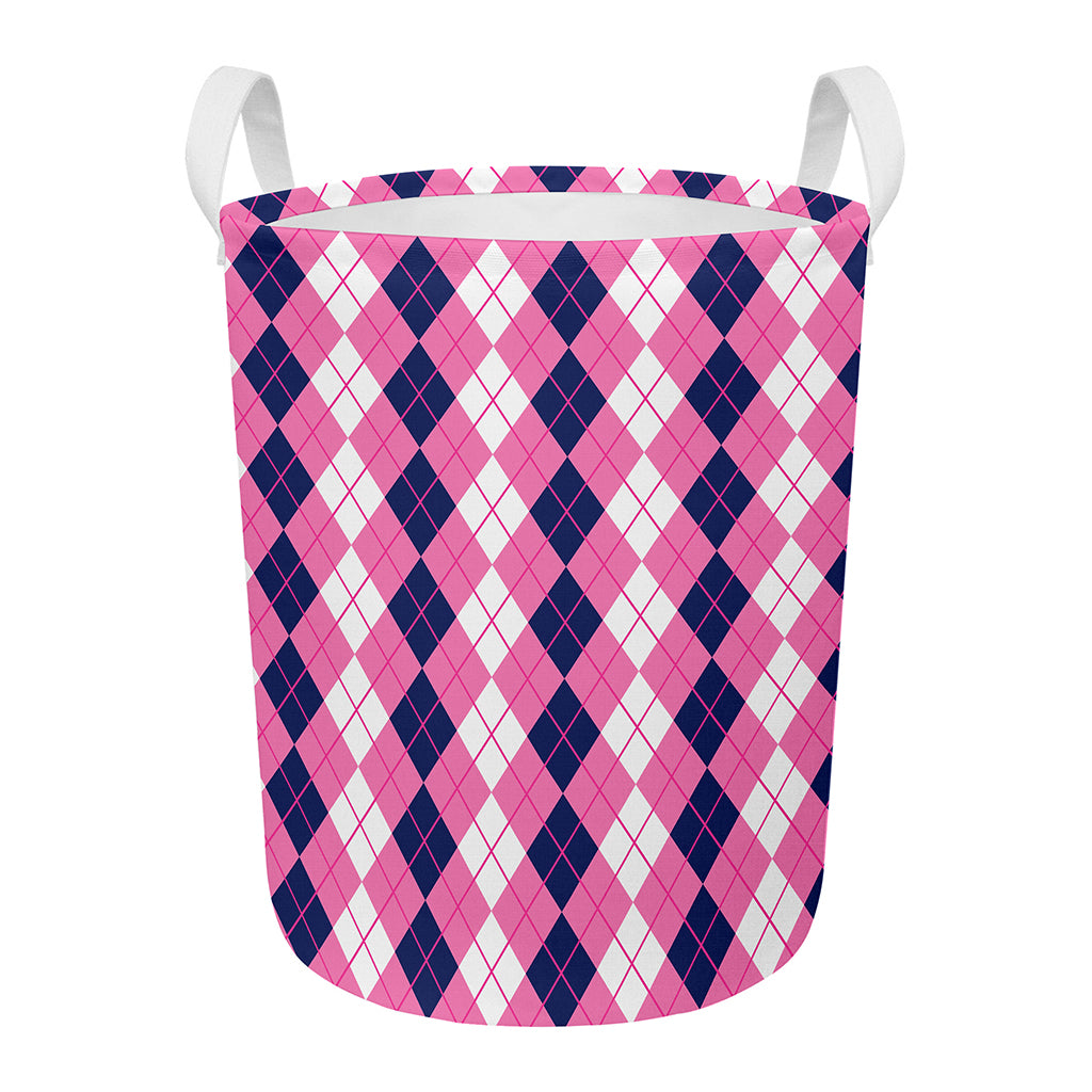 Pink White And Blue Argyle Pattern Print Round Laundry Basket