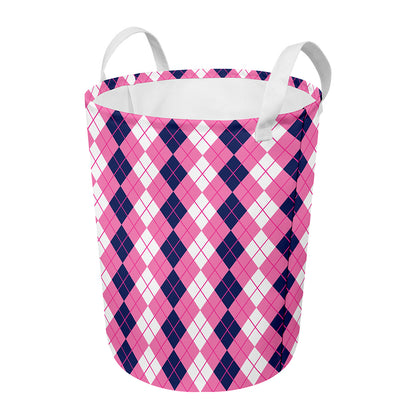 Pink White And Blue Argyle Pattern Print Round Laundry Basket