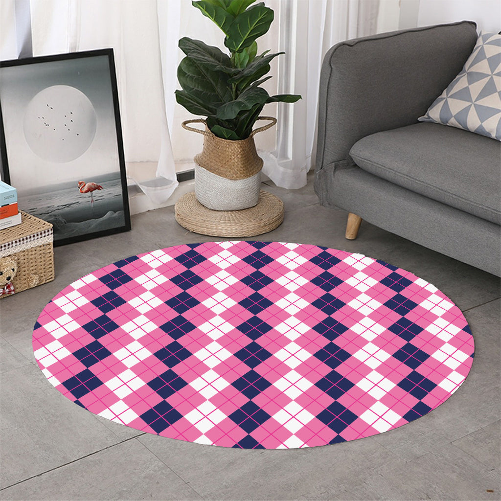 Pink White And Blue Argyle Pattern Print Round Rug