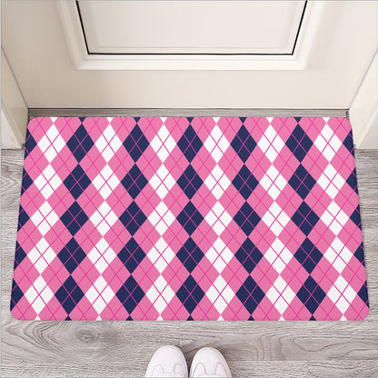 Pink White And Blue Argyle Pattern Print Rubber Doormat