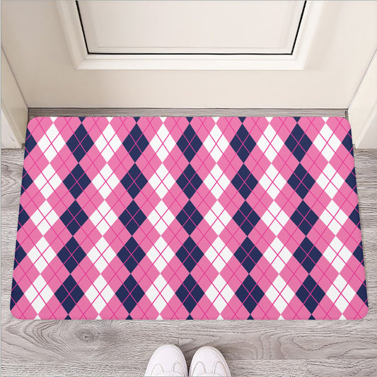 Pink White And Blue Argyle Pattern Print Rubber Doormat