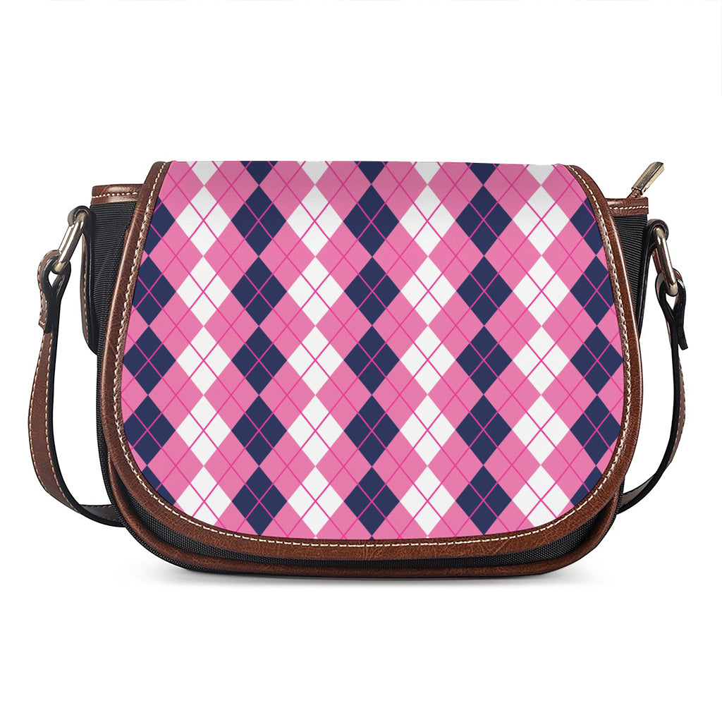 Pink White And Blue Argyle Pattern Print Saddle Bag