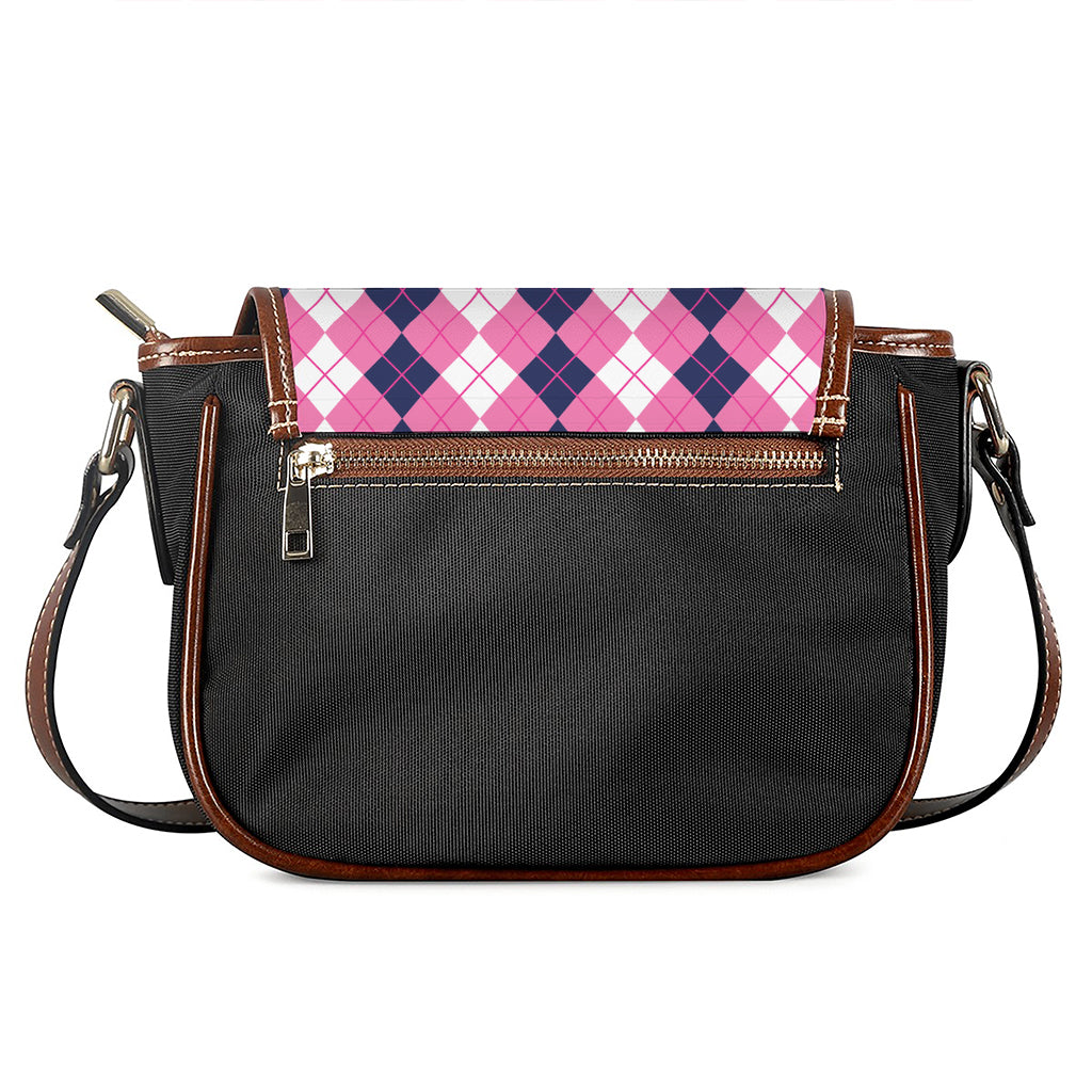 Pink White And Blue Argyle Pattern Print Saddle Bag