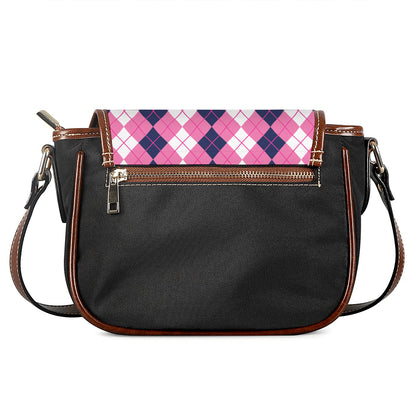 Pink White And Blue Argyle Pattern Print Saddle Bag